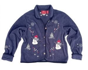 Christmas Sweater Cardigan Snowmen Full Zip LARGE Rabbit Hair Grannycore Winter